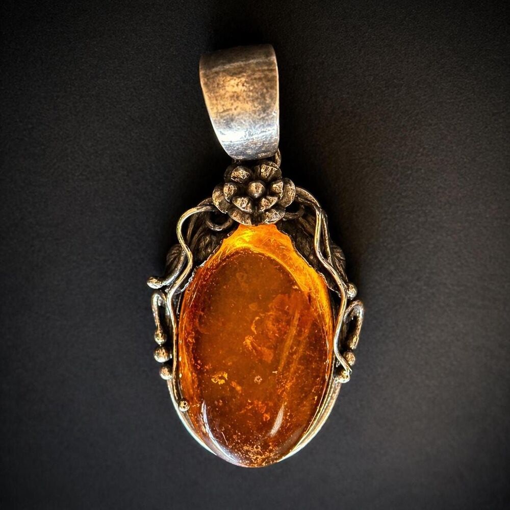 Vintage Honey Amber Pendant SOM’S Sterling Silver Large Floral Statement Pendant
